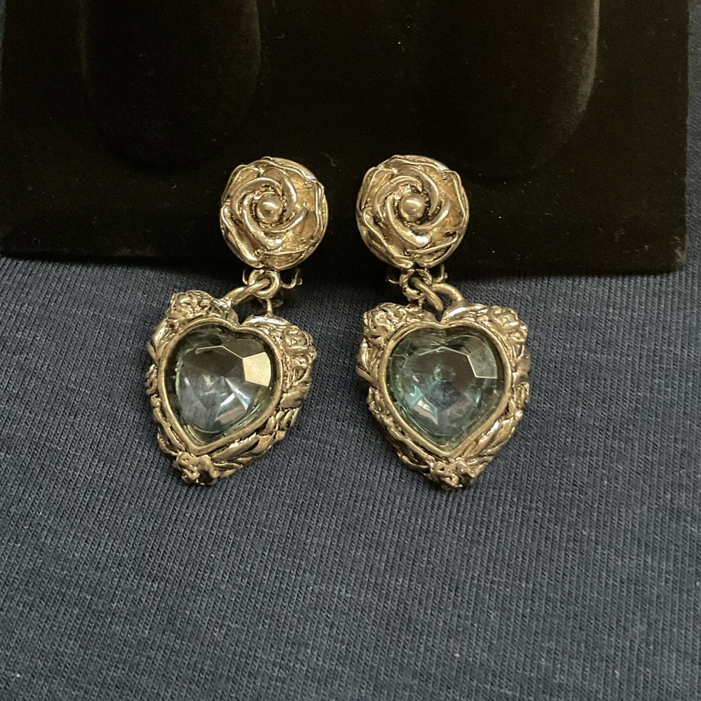 Antique silver tone rose and Blue Heart clip Earrings vintage